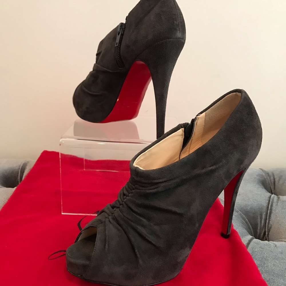 Christian Louboutin Black Suede Lace Up Peep Toe Booties with Red Soles